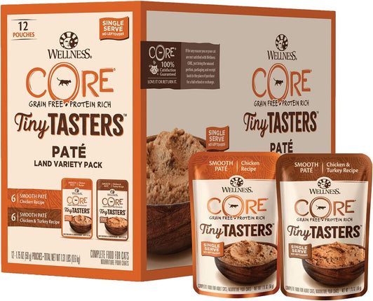 "CORE Tiny Tasters Grain-Free Wet Cat Food Topper - Delicious Real Meat Variety Pack for Adult Cats, 12 No-Mess Pouches!"