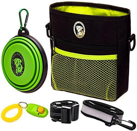 Premium dog treat pouch with clicker, collapsible bowl, adjustable straps, and belt clip for obedience and agility training.