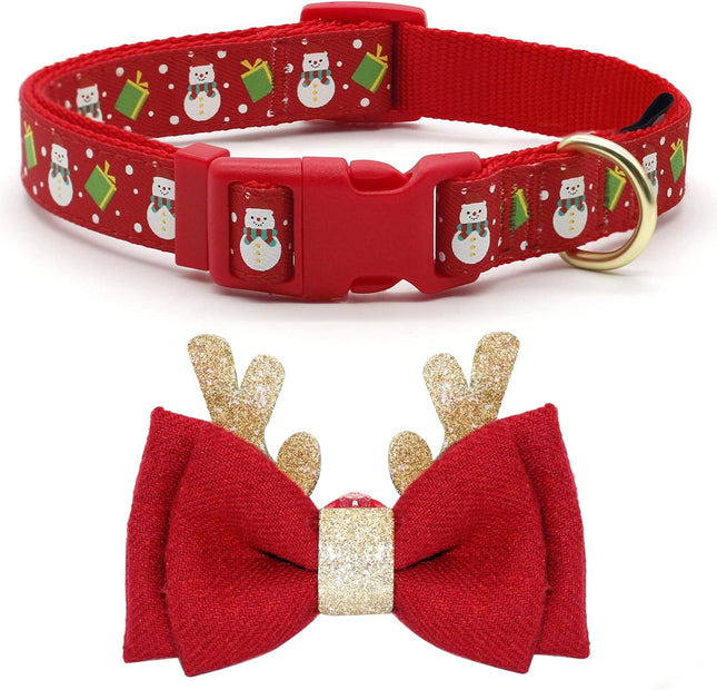 Festive Snowman Adjustable Dog Collar with Antler Bow Tie - Perfect for Medium Dogs!