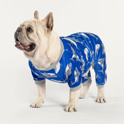 "Cozy  Shark Dog Pajamas - Adorable Velvet Onesie for Small Dogs & Cats - Lightweight Royal Blue Outfit with Feet"