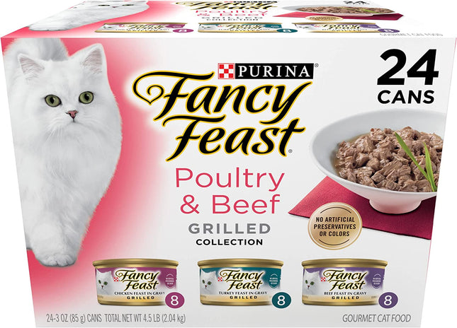 "Indulge Your Cat with Purina Grilled Wet Cat Food Variety Pack - Poultry & Beef Collection (24 Cans, 3 Oz) - A Tasty Treat for Your Feline!"