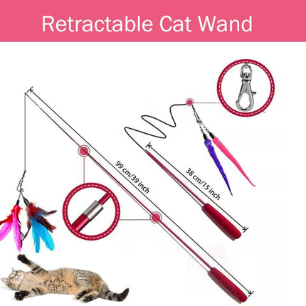 Retractable Cat Toy Wand with feather refills and bells, perfect for interactive play and exercise for cats and kittens.