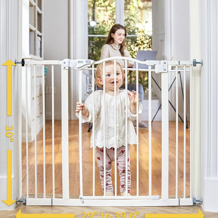 29-39.6" Baby Gate for Pets, Auto Close, One-Hand Opening, 30" Tall, Safety Gates for Stairs, Wall Pressure Mount, White.