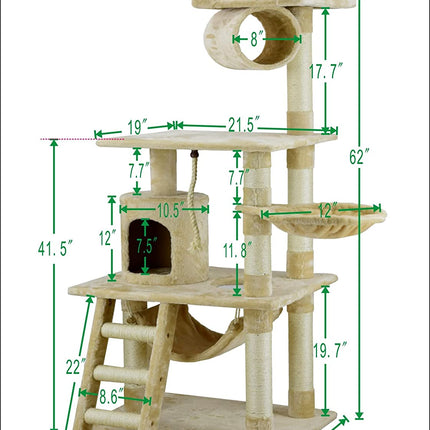 Classic Cat Tree, Faux Fur Finish, Sisal Rope Scratcher, 62"H, Beige