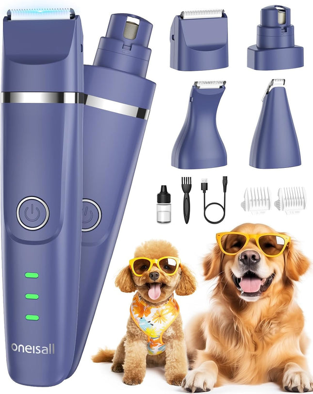 "Whisper-Quiet Cordless Dog Clippers & Nail Grinder Kit for Small Dogs - 2 Speed Grooming Trimmer with Guards (Blue)"