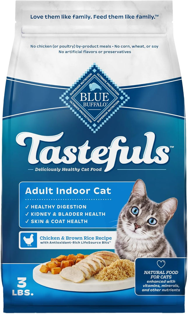 "Indulge Your Cat with Tastefuls Indoor Cat Food - Savory Chicken & Brown Rice Recipe, All-Natural, 3-Lb Bag - Proudly Made in the USA!"