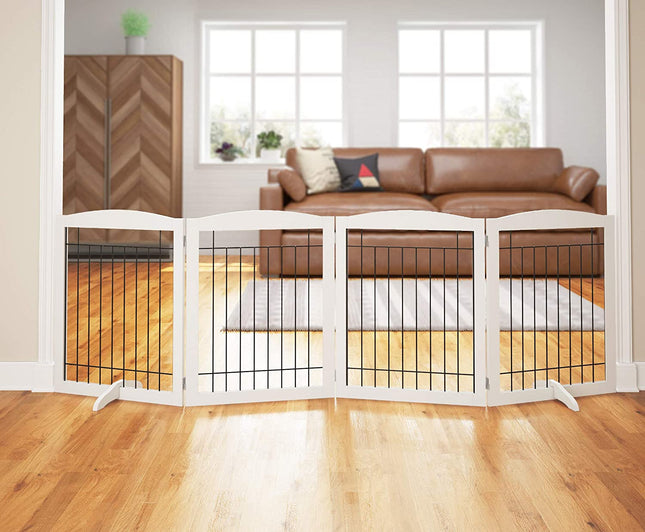 "Extra Wide 96-Inch Wooden Dog Gate - Elegant, 30-Inch Tall Pet Barrier for Doorways, Stairs & Indoors with Support Feet."