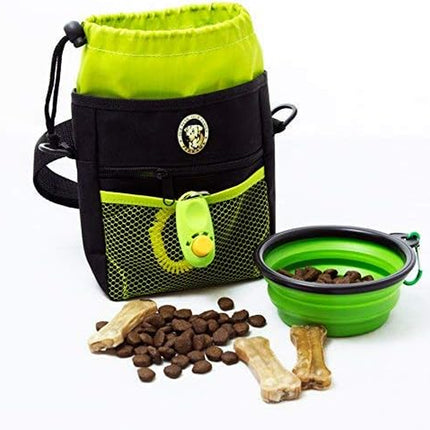 Premium dog treat pouch with clicker, collapsible bowl, adjustable straps, and belt clip for obedience and agility training.