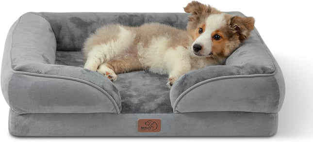 Orthopedic Waterproof Dog Bed for Medium Breeds - Supportive Foam Couch with Removable Cover, Waterproof Lining, and Nonskid Base in Grey