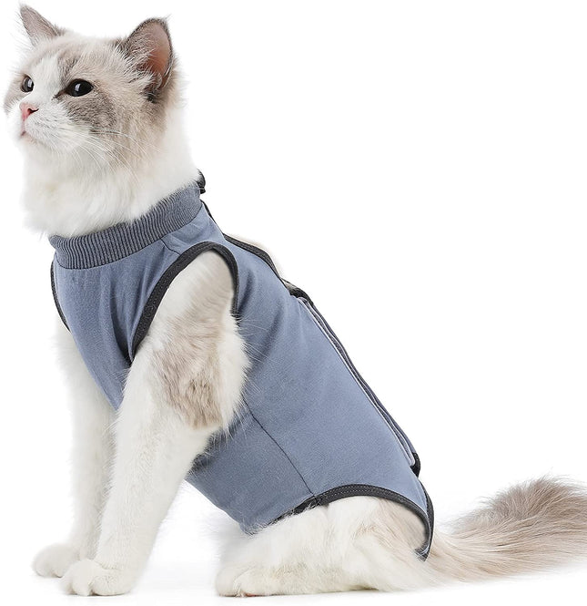 "Comfortable Cat Surgery Recovery Suit - Stylish Onesie for Post-Surgery Support & E-Collar Alternative (Grey-Blue, Medium)"