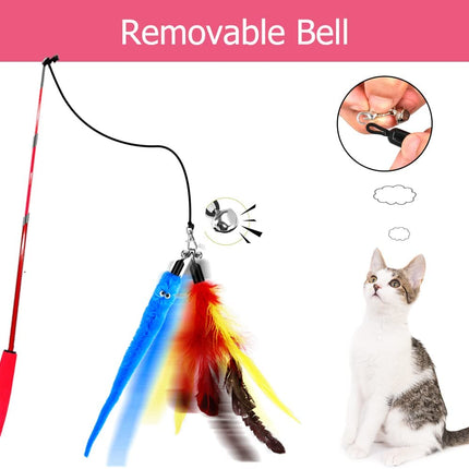 Retractable Cat Toy Wand with feather refills and bells, perfect for interactive play and exercise for cats and kittens.