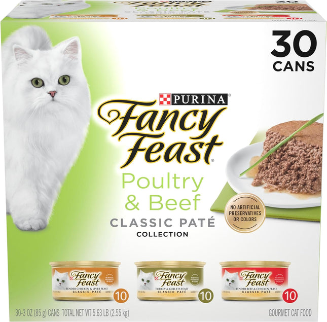 "Indulgent Grain-Free Wet Cat Food Variety Pack - 30 Gourmet Cans of Poultry & Beef Classic Pate!"