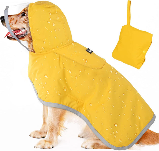 "Ultimate Waterproof Dog Raincoat - Adjustable Hooded Poncho for All Sizes with Reflective Pocket - Bright Yellow, XL"