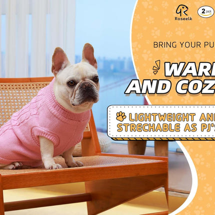 "Chic & Cozy 2-Pack Dog Sweaters - Stylish Winter Turtlenecks in Pink & Beige for Small Pets like Chihuahuas, Bulldogs, and Pugs!"