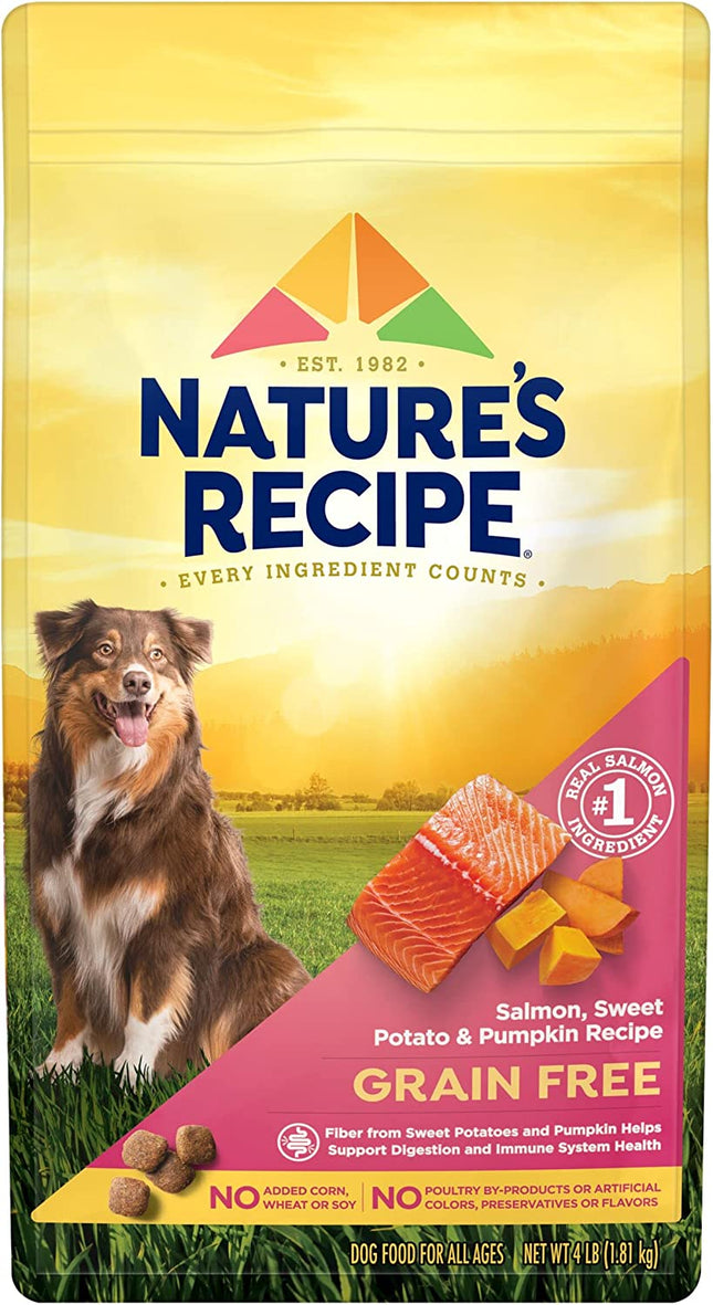 "Nature's Recipe Grain-Free Salmon, Sweet Potato & Pumpkin Dry Dog Food - 4 lb. Bag for Healthy, Happy Pets!"