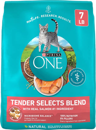 "Delicious Natural Dry Cat Food - Tender Selects Blend with Real Salmon, 7 lb Bag for Happy, Healthy Cats!"