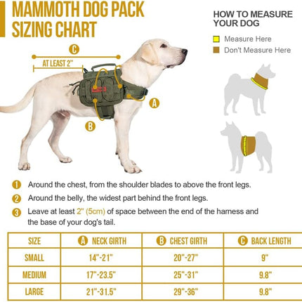 Tactical Dog Backpack for Medium & Large Dogs, Nylon with Side Pockets for Hiking, Walking, Training, and Running (Green, Large).