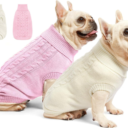 "Chic & Cozy 2-Pack Dog Sweaters - Stylish Winter Turtlenecks in Pink & Beige for Small Pets like Chihuahuas, Bulldogs, and Pugs!"