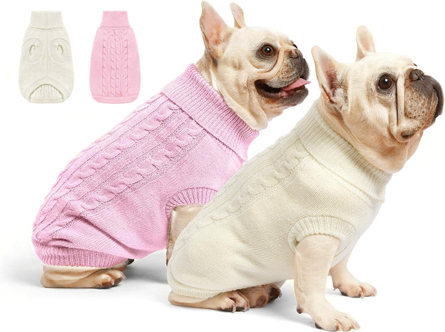 "Chic & Cozy 2-Pack Dog Sweaters - Stylish Winter Turtlenecks in Pink & Beige for Small Pets like Chihuahuas, Bulldogs, and Pugs!"