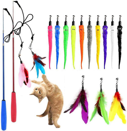 Retractable Cat Toy Wand with feather refills and bells, perfect for interactive play and exercise for cats and kittens.