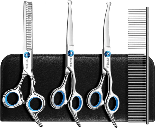 "Ultimate 5-in-1 Dog Grooming Scissors Set with Safety Round Tips - Professional Curved Shears for Dogs & Cats!"