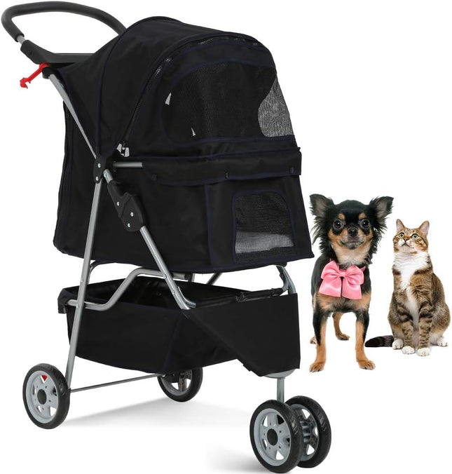 Pet stroller jogger for cats and dogs, 3 wheels, folding carrier, cup holders, 35 lbs capacity, suitable for small-medium pets.