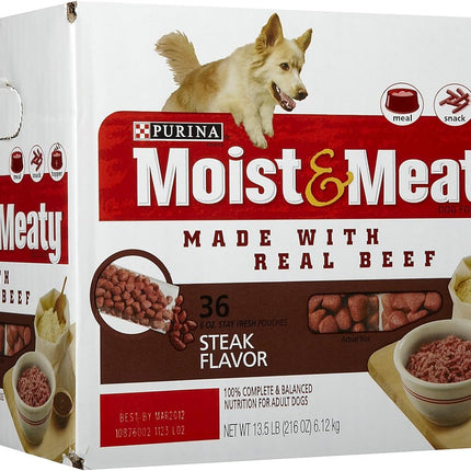 "Delicious Purina Moist and Meaty Steak Flavor Soft Dog Food Pouches - 36 Count for Happy, Healthy Dogs!"