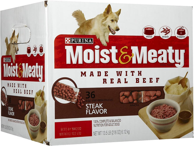 "Delicious Purina Moist and Meaty Steak Flavor Soft Dog Food Pouches - 36 Count for Happy, Healthy Dogs!"