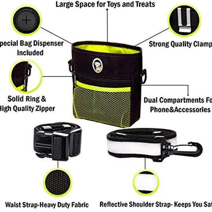 Premium dog treat pouch with clicker, collapsible bowl, adjustable straps, and belt clip for obedience and agility training.