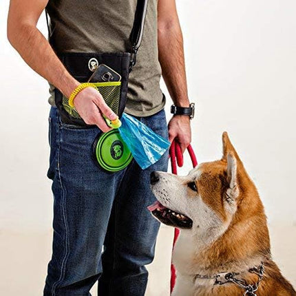 Premium dog treat pouch with clicker, collapsible bowl, adjustable straps, and belt clip for obedience and agility training.