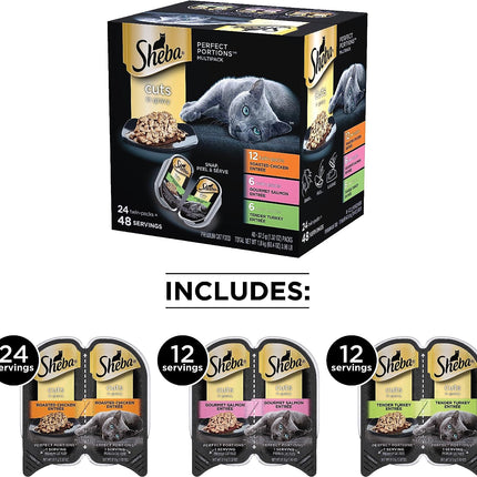 "Perfect Portions Gourmet Cat Food Variety Pack - Delicious Roasted Chicken, Salmon & Turkey in Easy Peel Twin-Pack (48 Trays, 1.32 oz Each)"