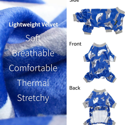 "Cozy  Shark Dog Pajamas - Adorable Velvet Onesie for Small Dogs & Cats - Lightweight Royal Blue Outfit with Feet"