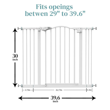 29-39.6" Baby Gate for Pets, Auto Close, One-Hand Opening, 30" Tall, Safety Gates for Stairs, Wall Pressure Mount, White.