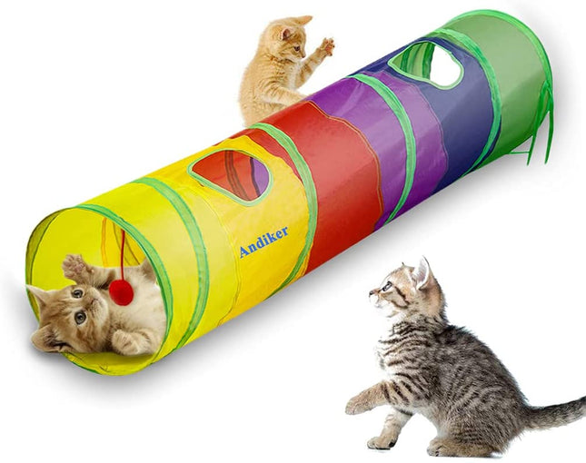 Collapsible Cat Tunnel with Red Ball and Dual Openings, Ideal for Indoor Play, Hiding, Training, and Exercise (25 & 120 cm)