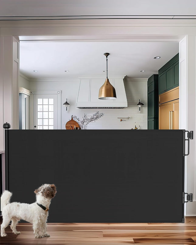 "Versatile Retractable Baby and Dog Gate - 55” Wide, 34” Tall Safety Barrier for Stairs and Doorways, Sleek Black Design!"