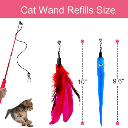 Retractable Cat Toy Wand with feather refills and bells, perfect for interactive play and exercise for cats and kittens.