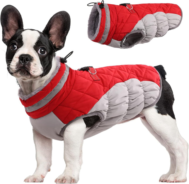 "Ultimate Waterproof & Windproof Winter Dog Coat - Cozy Fleece Vest with Harness & Reflective Accents - Ideal for Cold Weather Adventures - Medium Size, Vibrant Red!"