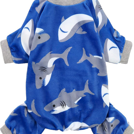 "Cozy  Shark Dog Pajamas - Adorable Velvet Onesie for Small Dogs & Cats - Lightweight Royal Blue Outfit with Feet"