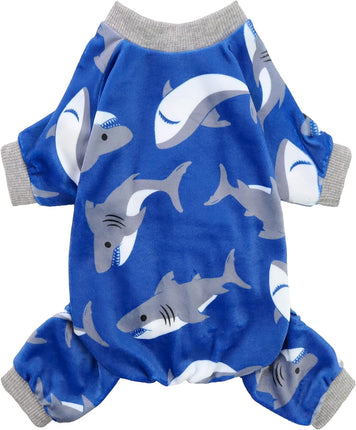 "Cozy  Shark Dog Pajamas - Adorable Velvet Onesie for Small Dogs & Cats - Lightweight Royal Blue Outfit with Feet"